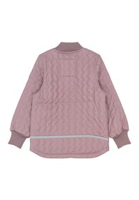 Rosa gesteppte Jacke mit geripptem Kragen und Bündchen, ausgestattet mit einem горизонтalen reflektierenden Streifen auf der Taille und einem Detail in der Rückentasche.