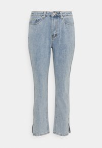 Ljusblå raka jeans med framfickor, bältesölja, knappstängning och små sidossprund vid fållen.