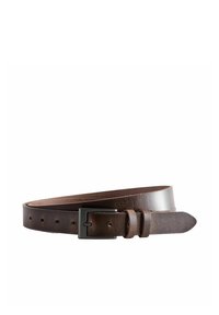 Ceinture en cuir marron avec une texture lisse, une boucle en métal noir carrée et plusieurs trous pour ajustement. Design simple et fonctionnel.