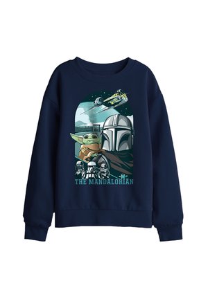 Marineblauer Sweatshirt mit Mandalorian-Helm, Baby Yoda, Star Wars-Charakteren, Raumschiff und dem Schriftzug „The Mandalorian“ vorne.