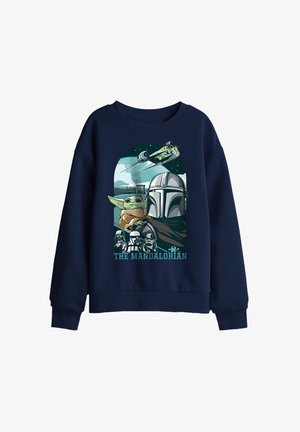 Navy sweatshirt with Mandalorian helmet, Baby Yoda, Star Wars characters, spaceship, and "The Mandalorian" text on front.