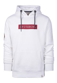 Witte hoodie met trekkoorden, voorzien van een bordeauxrood rechthoekig logo "SPITZBUB." Kangoeroezak en ribgebreide boorden en zoom. Gestructureerde stof.