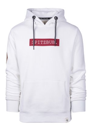 Witte hoodie met trekkoorden, voorzien van een bordeauxrood rechthoekig logo "SPITZBUB." Kangoeroezak en ribgebreide boorden en zoom. Gestructureerde stof.