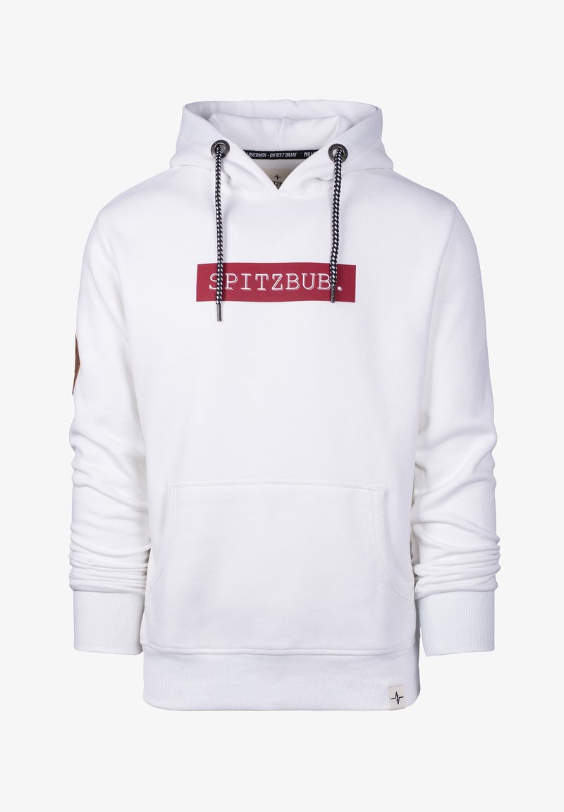 Weißer Hoodie mit Kordelzügen, mit einem burgunderfarbenen rechteckigen Logo "SPITZBUB." Kängurutasche und gerippte Bündchen und Saum. Strukturiertes Gewebe.