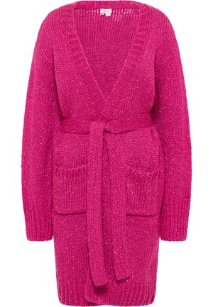 Pink knitted cardigan with a v-neck, long sleeves, two front pockets, and a matching tie belt at the waist. Textured, cozy appearance.