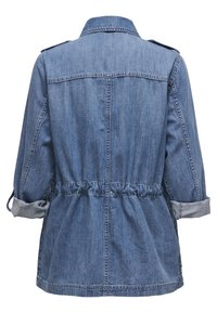 Veste en jean bleue avec manches longues retroussées, taille élastique, épaulettes et col plié, vue de dos.