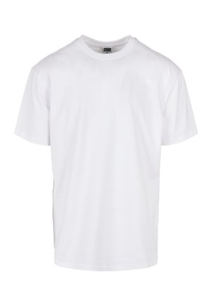 T-shirt blanc uni à manches courtes et col rond, taille moyenne avec une étiquette "Urban Classics" à l'intérieur du col, présenté sur un fond blanc.