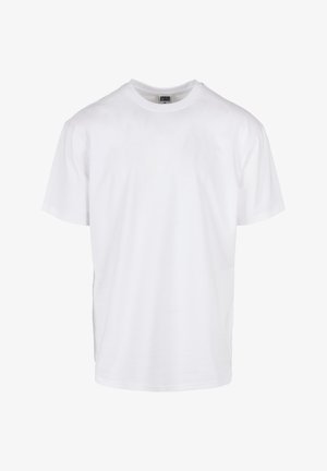 Schlichtes weißes T-Shirt mit kurzen Ärmeln und Rundhalsausschnitt, mittlere Größe, mit "Urban Classics"-Label innen am Kragen, vor weißem Hintergrund präsentiert.