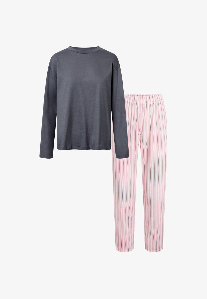 Grå långärmad tröja kombinerad med rosa-randiga pyjamasbyxor med horisontella ränder i blått och lila. Mjuk tyg med elastisk midja.