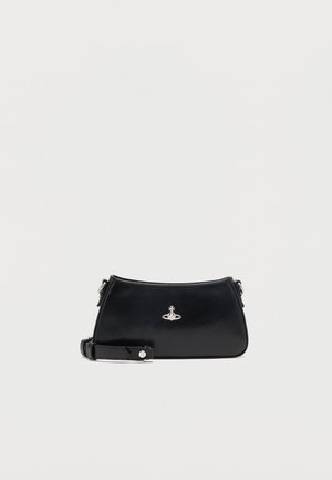 Black leather shoulder bag with a silver orb logo and adjustable strap, displayed on a plain white background.