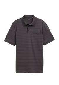 Donkergrijs poloshirt gemaakt van ademende stof, met horizontale strepen, een plooi met twee knopen en een klein borstzakje met een knoop.