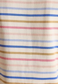 Striped fabric featuring horizontal lines in pink, light blue, dark blue, and gold on a cream background; ribbed texture.