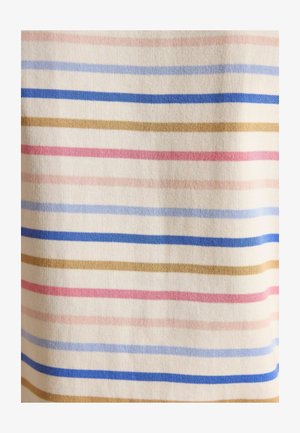 Tessuto a righe con linee orizzontali in rosa, azzurro chiaro, blu scuro e oro su uno sfondo crema; texture a coste.