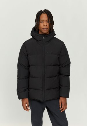 Black puffer jacket with a hood, featuring a front zipper, quilted design, and subtle branding on the chest. Smooth texture, insulated.