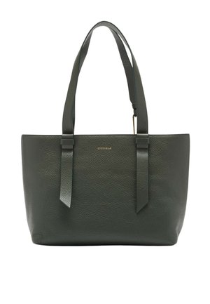 Sac à main en cuir vert avec une finition texturée, doté de deux poignées plates, d'un design minimaliste et d'une marque discrète à l'avant.