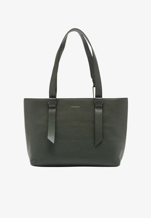 Sac à main en cuir vert avec une finition texturée, doté de deux poignées plates, d'un design minimaliste et d'une marque discrète à l'avant.