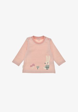 Pink striped long-sleeve shirt featuring an embroidered rabbit, mushrooms, and green plant. Snap buttons on the shoulder for easy dressing.