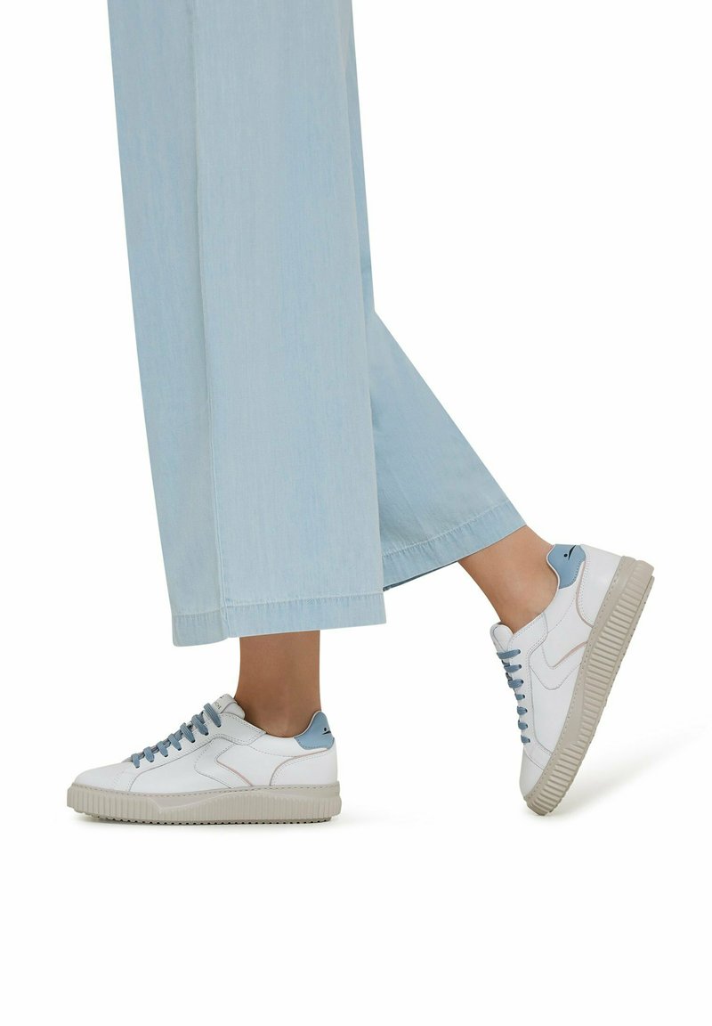 Weiße Sneakers mit hellblauen Akzenten, strukturierten Gummisohlen und flachen Schnürsenkeln. Kombiniert mit weiten, hellblauen Jeans.