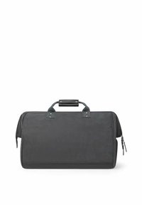 Sac de voyage en cuir noir avec une texture lisse, de forme rectangulaire, équipé de deux poignées supérieures et d'une poche latérale zippée.