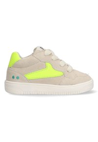 Light beige suede sneaker featuring a neon green accent and logo, white rubber sole, and rounded toe with lace-up closure.