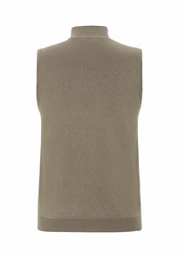 Bez rukava, pulover u prigušenoj maslinastoj zelenoj boji, izrađen od mekanog pletiva. Ima zaobljeni izrez i rebrasti rub za prilagođeni izgled.