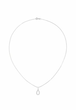 Õrn hõbedast kett-kaelakee, millel on väike pisarakuju ripats, mille sisse on seatud selged kivikesed.