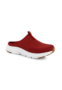 Botte de slip-on rouge avec une tige en tricot texturé, semelle intermédiaire blanche et semelle extérieure en caoutchouc beige. Comprend une boucle pour un enfilage facile.