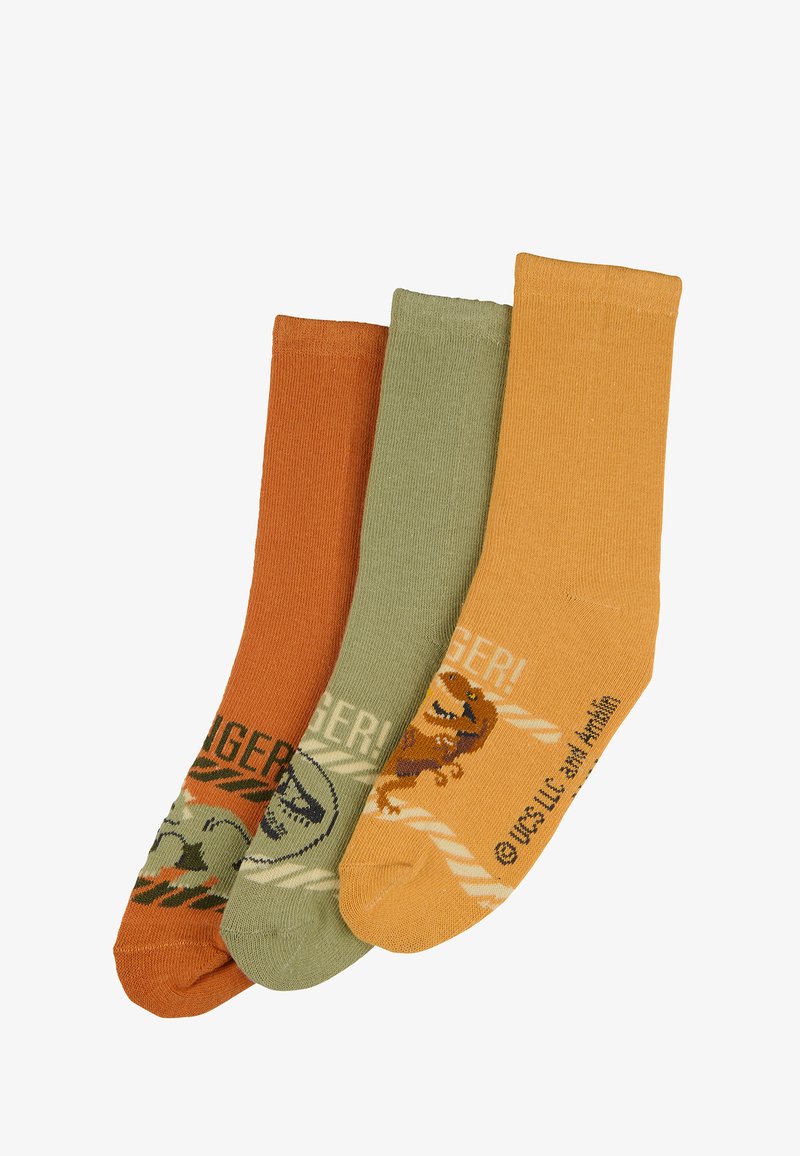 Drei Paar Crew-Socken in Orange, Grün und Gelb. Jede Sohle ist mit Tiergrafiken und Text im oberen Bereich versehen und hat eine strukturierte Oberfläche.