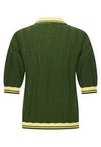 Green knitted pullover with a ribbed texture, featuring a yellow and green striped collar and cuffs, and a herringbone pattern.