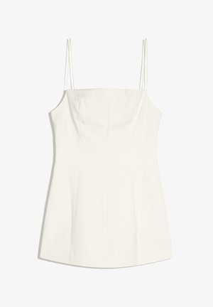 Biele minišaty bez rukávov s tenkými dvojitými špagetovými ramienkami a priliehavým živôtikom.