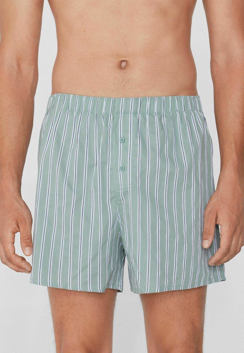 Boxer-culotte rayé vert clair avec une ceinture élastique, deux boutons à l'avant et une texture lisse semblable au coton.