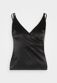 Svart satinspets med en inslagning design, tunna justerbara axelremmar och en subtil logotypdetalj. Slät textur med V-ringning.