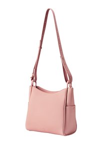 Borsa a tracolla in pelle rosa di forma rettangolare media, superficie testurizzata, tracolla regolabile e tasca laterale per ulteriore spazio di archiviazione.