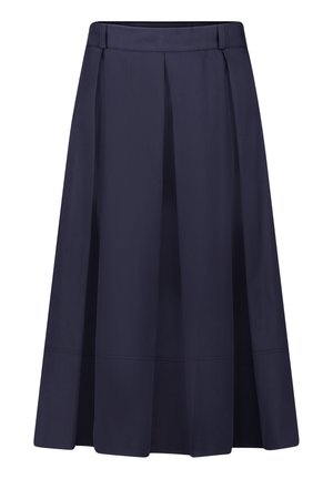Jupe midi bleu marine avec plis à l'avant, taille ajustée et détail discret de couture près de l'ourlet.