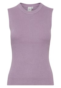 Haut en maille côtelée sans manches en lavande clair, avec un col rond et une silhouette ajustée, présentant une texture lisse sur l'ensemble.