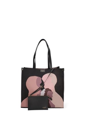 Sort tote-taske med abstrakt pink og beige hovedsilhuetdesign, ledsaget af en lille sort lynlåspung foran.