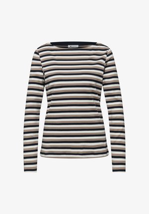 Langarmshirt met horizontale strepen in zwart, wit en beige, voorzien van een ronde hals.