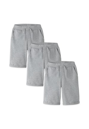 Three pairs of grey knee-length sweat shorts with drawstring waistbands and side pockets, displayed overlapping on a white background.