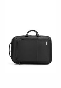 Sac de voyage noir de forme rectangulaire, fabriqué en tissu durable, avec une surface texturée, une poche avant zippée et des poignées doubles.