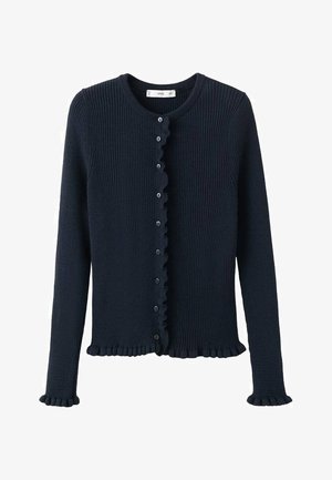 Navy ribbed knit cardigan featuring a round neckline, button closure, and ruffled edges at the hem and cuffs.