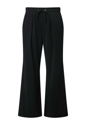 Schwarze, weit geschnittene Hosen mit elastischem Bund und vorderem Kordelzug, versehen mit Falten in der Taille für einen maßgeschneiderten Look.