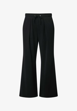 Pantaloni neri a gamba larga con vita elastica e coulisse frontale, con pieghe in vita per un aspetto sartoriale.