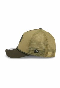 Olivgrüner Mesh-Cap mit einem soliden Schirm, geschwungener Form, gesticktem Logo auf der Vorderseite und einem strukturierten Mesh-Rücken für Belüftung.