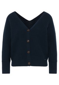 Granatowy sweter na drutach z dekoltem w serek, prążkowaną fakturą i pięcioma brązowymi guzikami. Posiada długie rękawy i krótki krój.