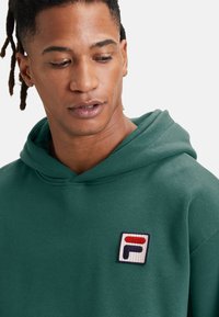 Felpa con cappuccio verde realizzata in morbido tessuto, con una toppa logo a costine con dettagli rossi e blu. Design semplice, vestibilità regolare.