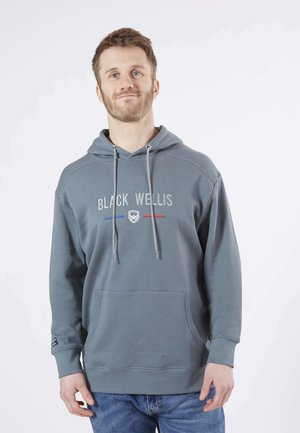 Sweat à capuche gris avec cordon de serrage, agrémenté d'un texte brodé "BLACK WELLIS" et d'accents rouge et bleu. Matière en mélange de coton ; poche kangourou à l'avant.