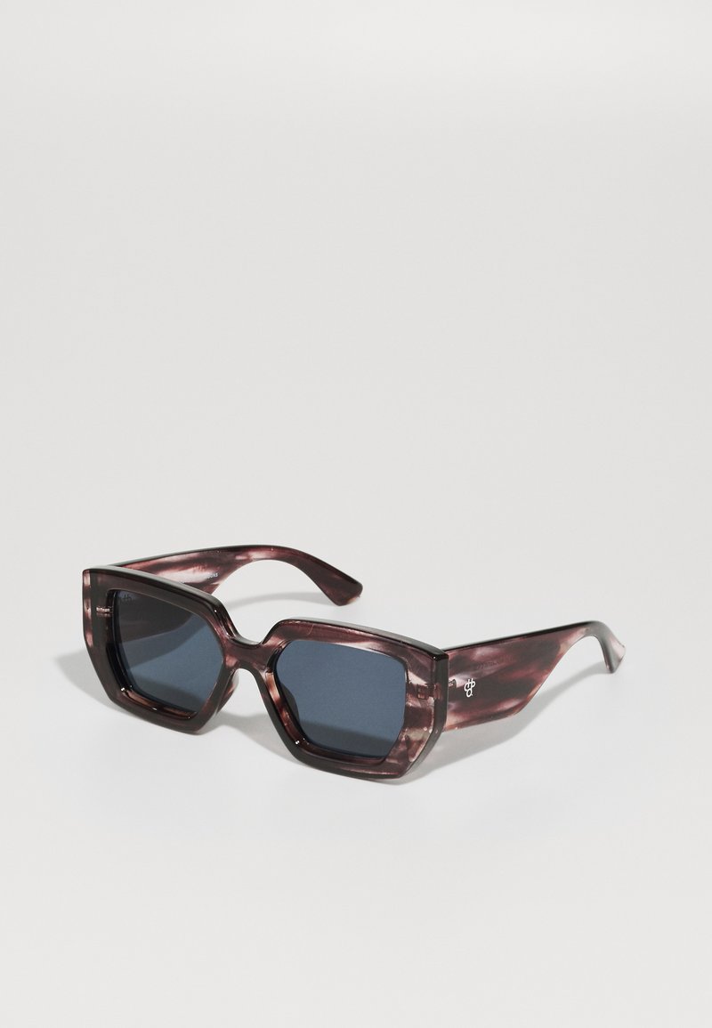 Square sunglasses with dark lenses, featuring a marbled burgundy plastic frame, wide temples, and a subtle logo detail on the arm.