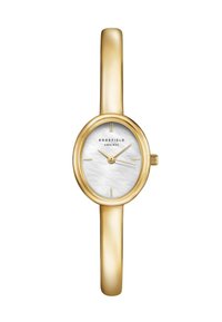 Goldfarbene Metalluhr mit ovalem Gehäuse, Zifferblatt aus weißem Perlmutt, goldenen Stundenmarkierungen und einem schmalen, polierten Armband.