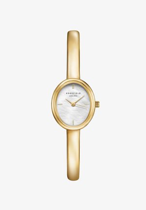 Goldfarbene Metalluhr mit ovalem Gehäuse, Zifferblatt aus weißem Perlmutt, goldenen Stundenmarkierungen und einem schmalen, polierten Armband.