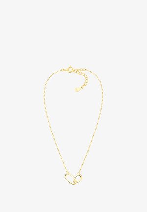 Gouden ketting met een interlock kettinkje als hanger, delicate ketting met een karabijnhaak en verstelbare lengte met verlenging.